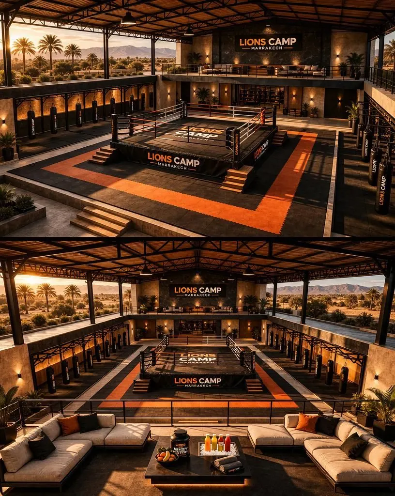 Lions Camp Muay Thai arena — branded ring with desert views