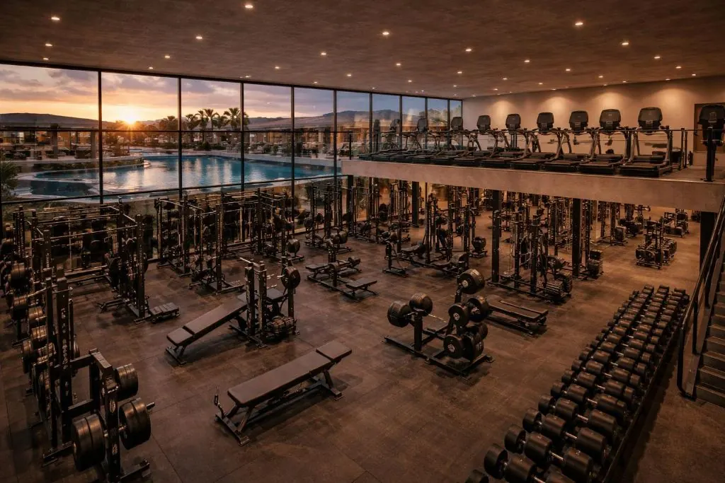 Premium two-level gym — glass wall overlooking pool