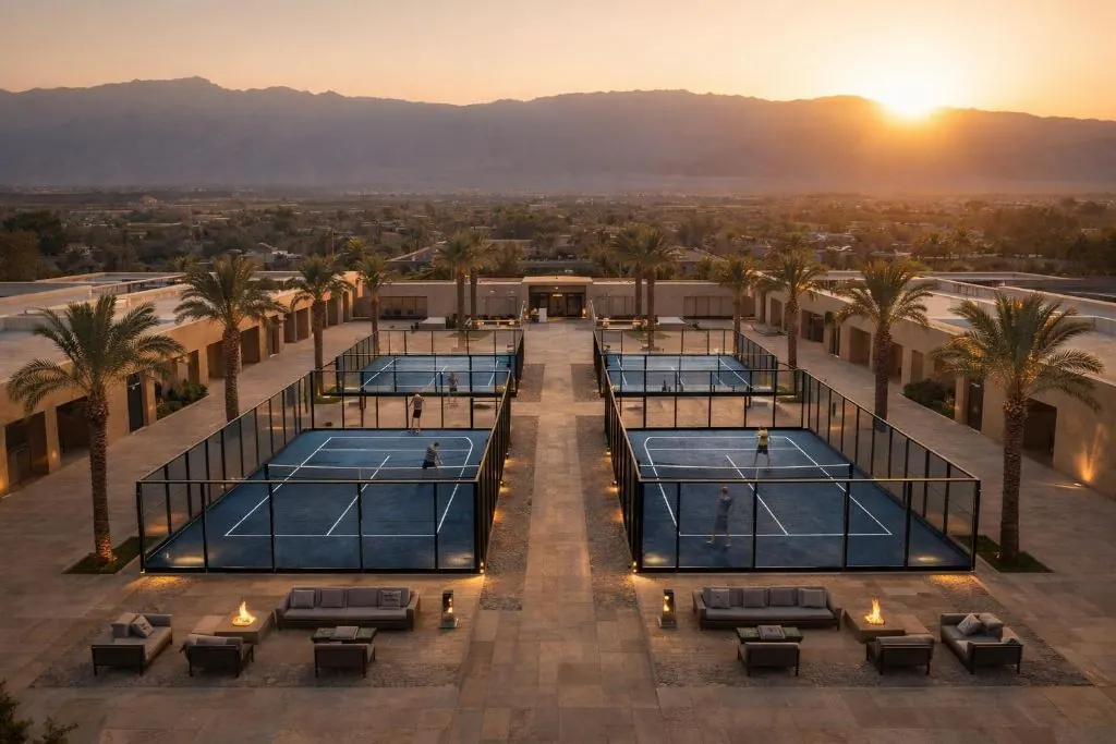 Four glass padel courts at sunset with Atlas Mountains