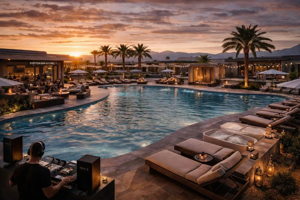 Olympic pool — social hub with DJ booth, protein bar and sunset lounges