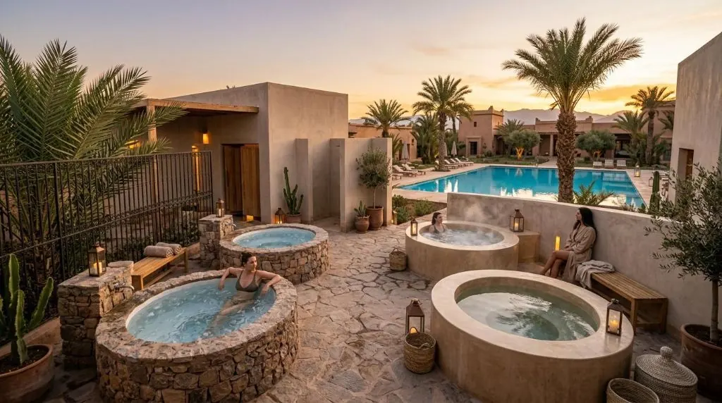 Hydrotherapy courtyard with plunge pools and lanterns