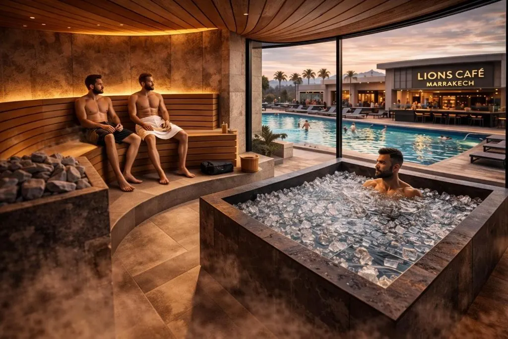 Sauna and ice bath — recovery protocols overlooking pool